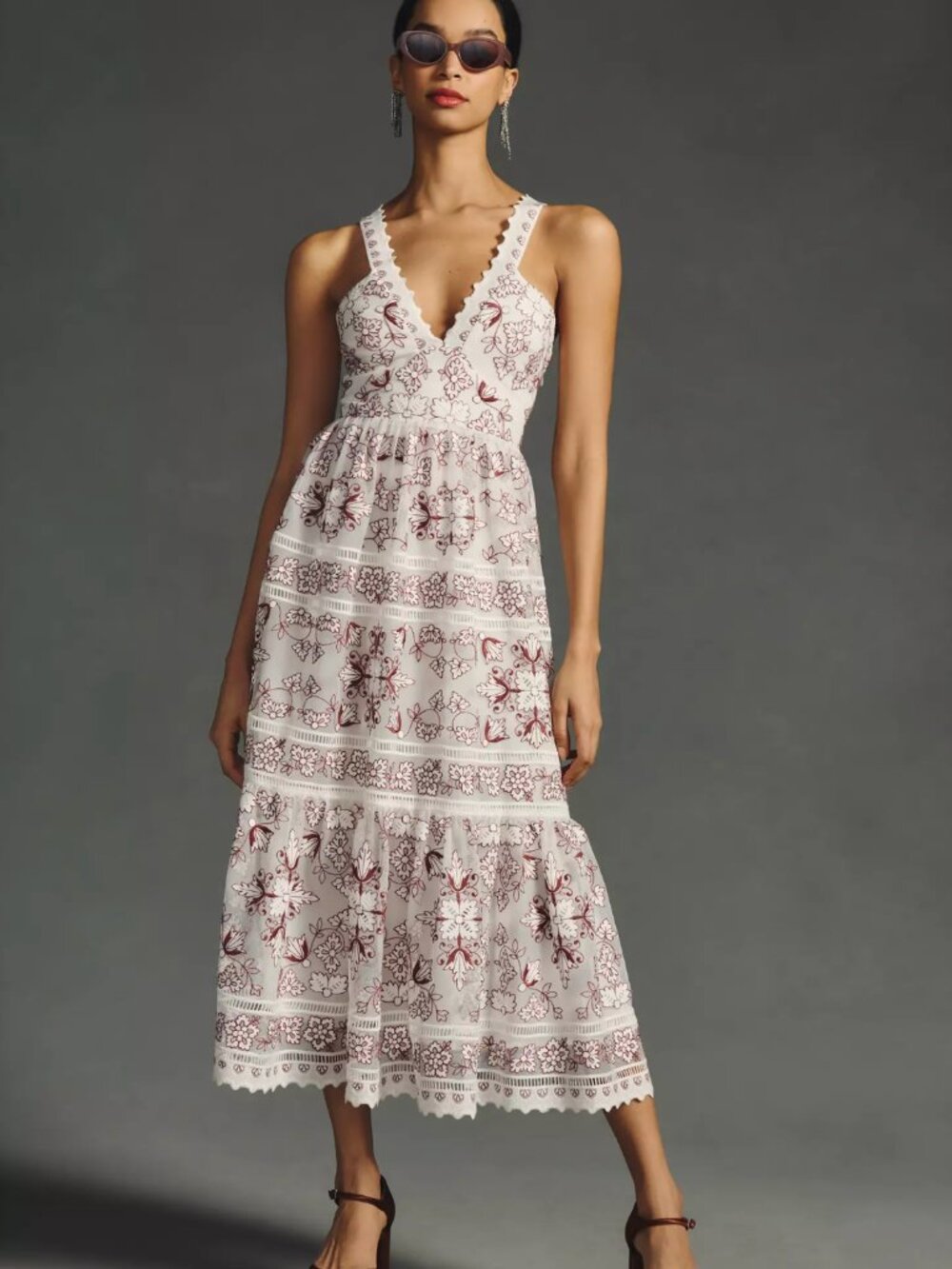 By Anthropologie Tiered V-Neck Maxi Dress with Burgundy Floral Lace
